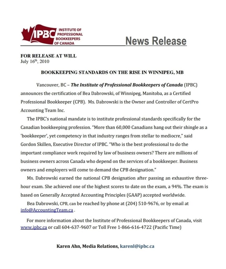 CPB (formerly IPBC) press release about Bea Dabrowski passing her certification exam