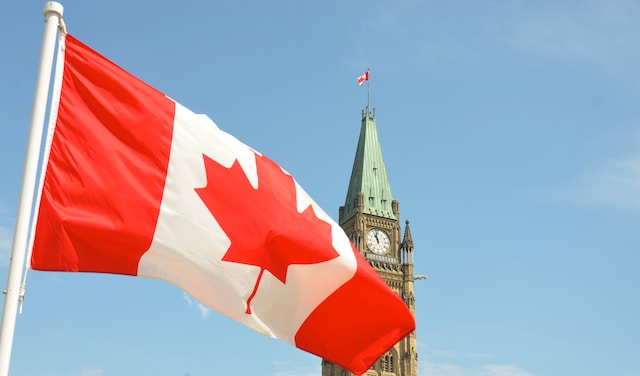 Start a business in Canada: Canadian flag against the backdrop of the Canadian Parliament in Ottawa and blue sky