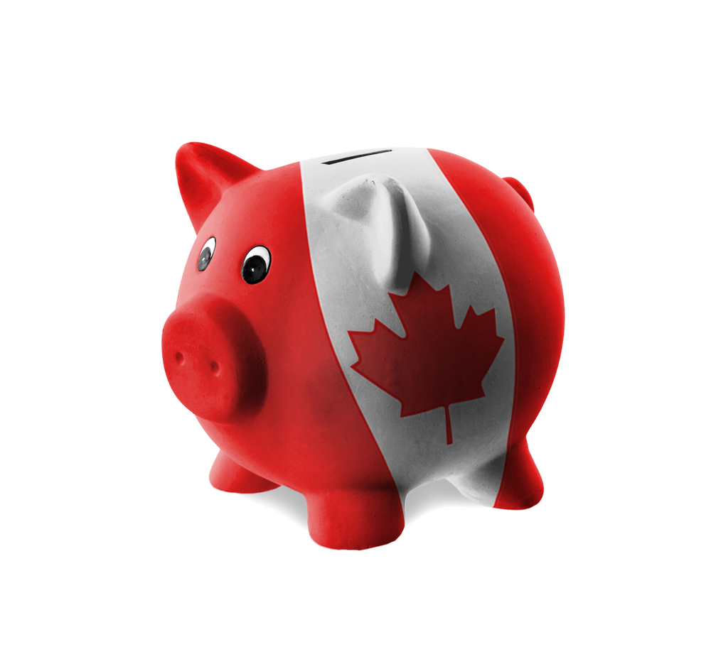 Piggy bank painted in the Canadian flag colours